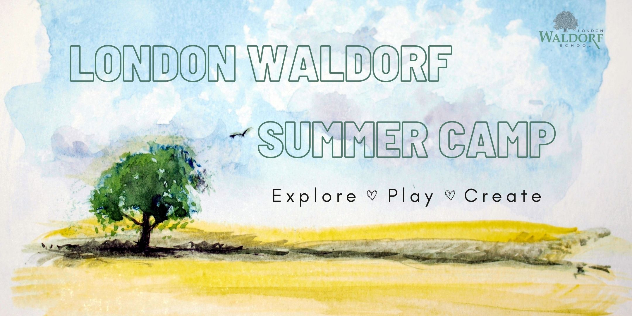 Poster for London Waldorf Summer Camp. watercolour painting of field with one tree and blue skies